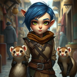 A realistic depiction of a rogue halfling standing about four feet tall, with a healthy build