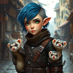 A realistic depiction of a rogue halfling standing about four feet tall, with a healthy build