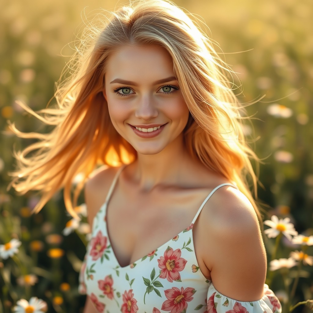 A beautiful strawberry-blonde woman with flowing hair, striking green eyes, and a radiant smile