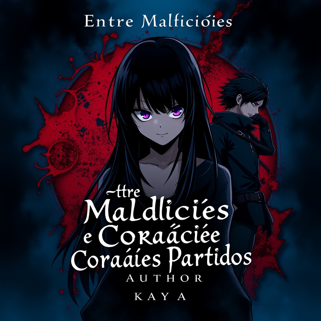 A dark anime-style fanfiction cover featuring a female protagonist with long black hair and bright purple eyes, sporting a mischievous smile, positioned prominently in the center