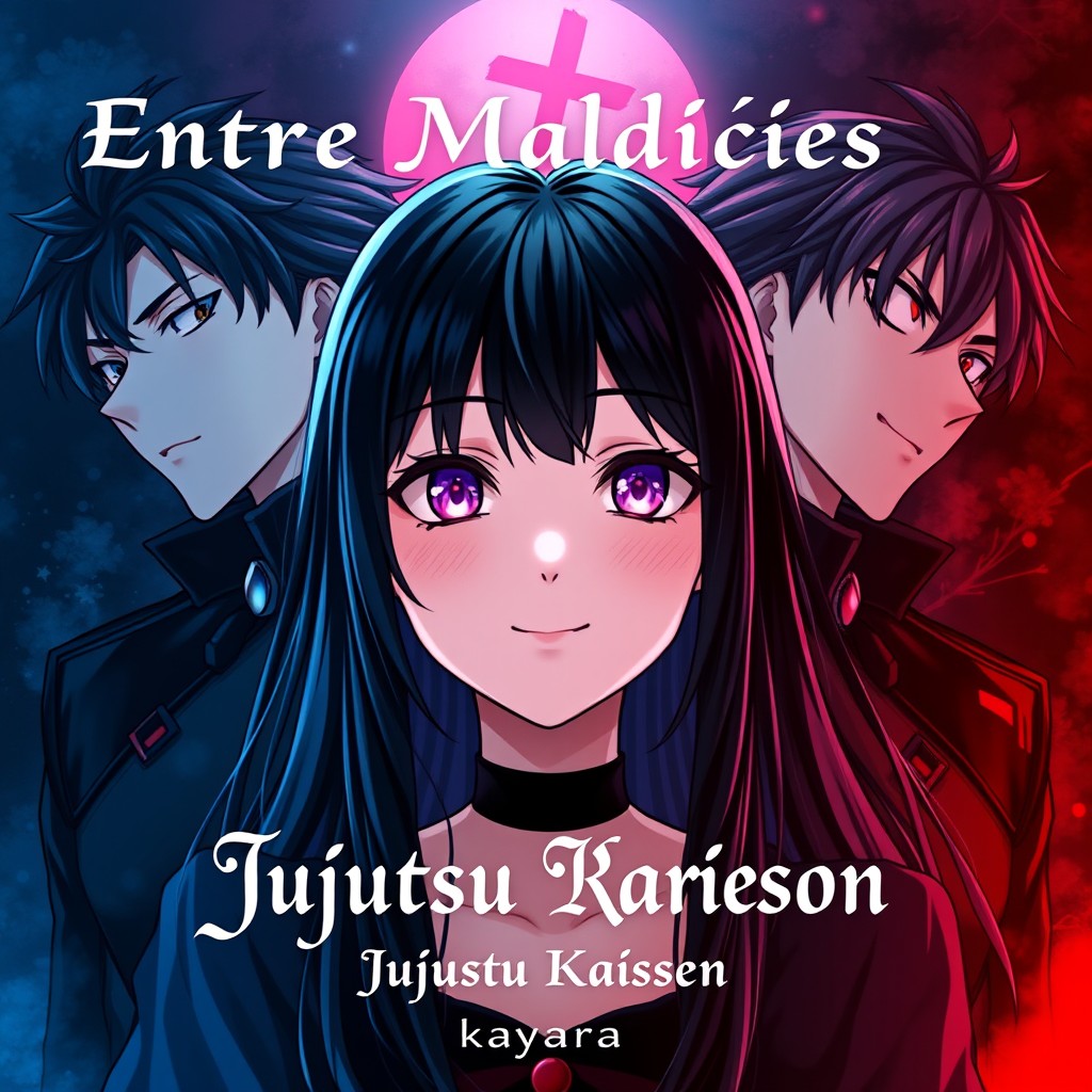 A captivating fanfic cover for 'Entre Maldições e Corações Partidos' featuring an anime dark style