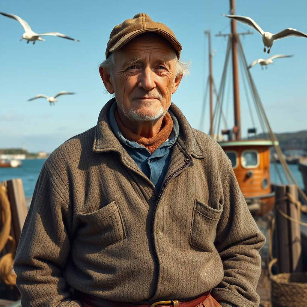A detailed portrayal of a fifty-year-old fisherman from the year 1920, standing proudly on the dock with a backdrop of a quaint fishing village