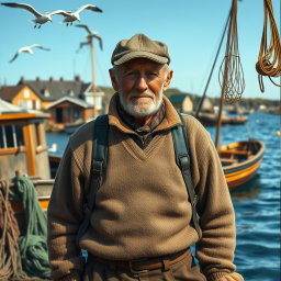 A detailed portrayal of a fifty-year-old fisherman from the year 1920, standing proudly on the dock with a backdrop of a quaint fishing village