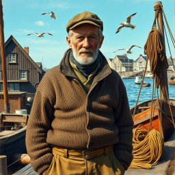 A detailed portrayal of a fifty-year-old fisherman from the year 1920, standing proudly on the dock with a backdrop of a quaint fishing village