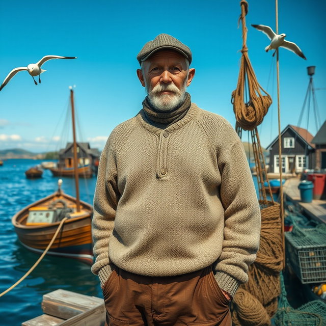 A detailed portrayal of a fifty-year-old fisherman from the year 1920, standing proudly on the dock with a backdrop of a quaint fishing village