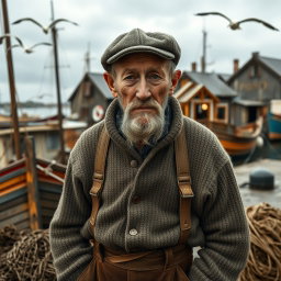 A striking portrayal of a fifty-year-old fisherman from the year 1920, with a rugged and weathered appearance that tells stories of his hard life at sea