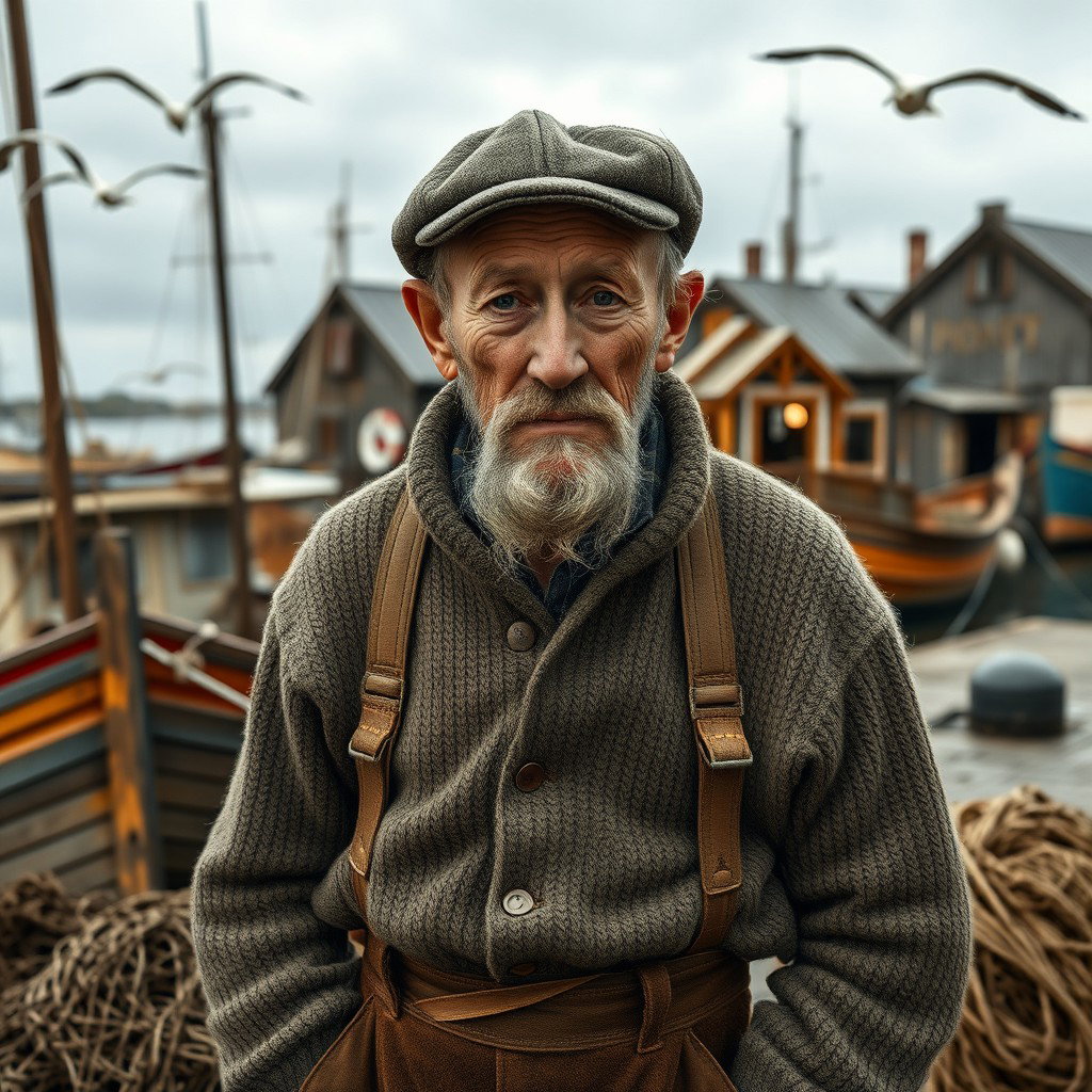 A striking portrayal of a fifty-year-old fisherman from the year 1920, with a rugged and weathered appearance that tells stories of his hard life at sea