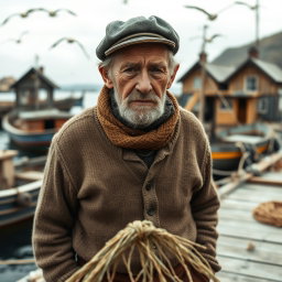 A striking portrayal of a fifty-year-old fisherman from the year 1920, with a rugged and weathered appearance that tells stories of his hard life at sea