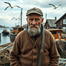 A striking portrayal of a fifty-year-old fisherman from the year 1920, with a rugged and weathered appearance that tells stories of his hard life at sea