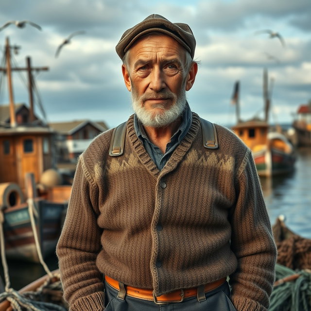 A striking portrayal of a fifty-year-old fisherman from the year 1920, with a rugged and weathered appearance that tells stories of his hard life at sea