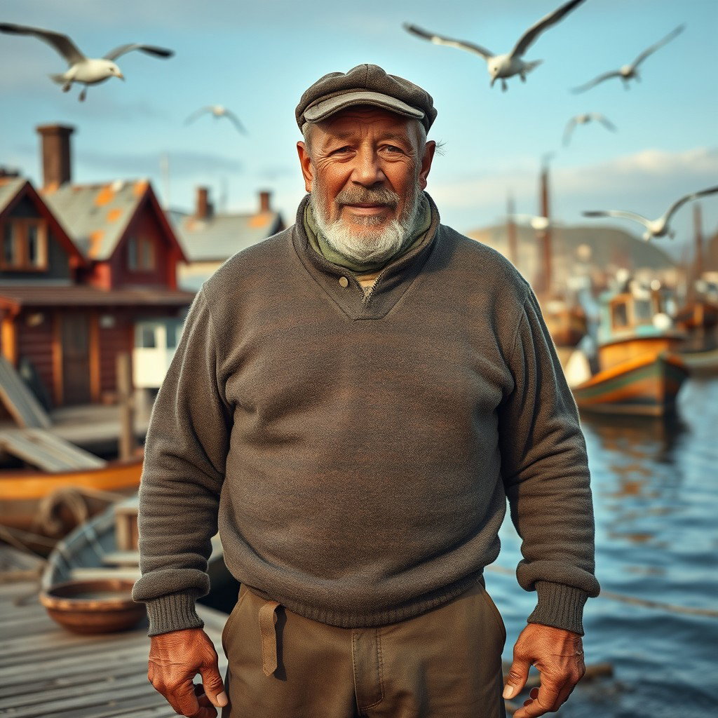 A striking image of a fifty-year-old fisherman from the year 1920, characterized by his strong, muscular build and a rugged, unattractive appearance that reflects his tough life at sea