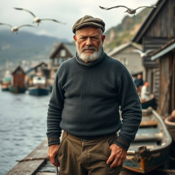 A striking image of a fifty-year-old fisherman from the year 1920, characterized by his strong, muscular build and a rugged, unattractive appearance that reflects his tough life at sea
