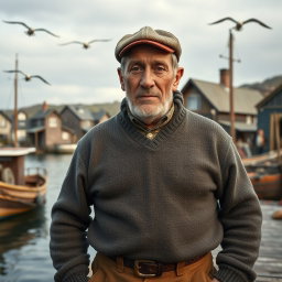 A striking image of a fifty-year-old fisherman from the year 1920, characterized by his strong, muscular build and a rugged, unattractive appearance that reflects his tough life at sea