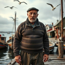 A striking image of a fifty-year-old fisherman from the year 1920, characterized by his strong, muscular build and a rugged, unattractive appearance that reflects his tough life at sea