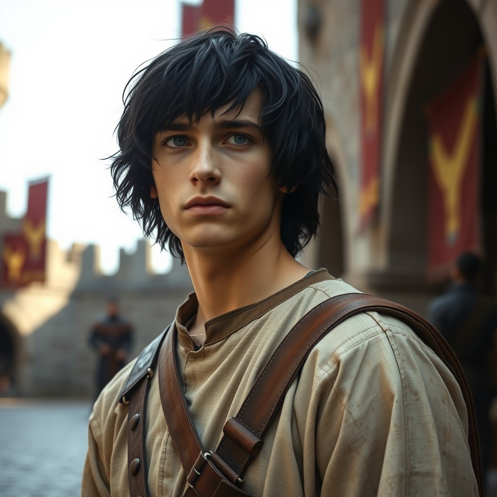 A medieval Christian squire, around 17 years old, characterized by short, disheveled black hair