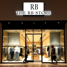 An inviting storefront of a clothing store named 'THE RB STORE', showcasing an elegant and modern design