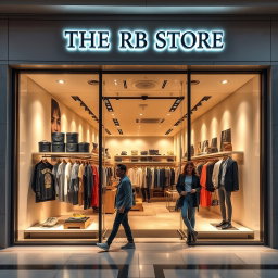 An inviting storefront of a clothing store named 'THE RB STORE', showcasing an elegant and modern design