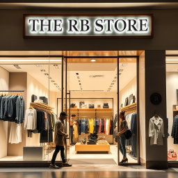 An inviting storefront of a clothing store named 'THE RB STORE', showcasing an elegant and modern design
