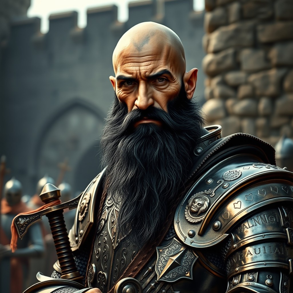 A Christian knight in middle age, featuring a prominent black beard and a tall, thin frame