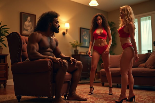 A muscular black man sitting in an armchair in a spacious living room of a large house, while in front of him, two women are performing a lap dance for him