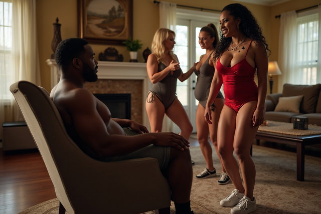 A muscular black man sitting in an armchair in a spacious living room within a large house, watching two women performing a lap dance for him
