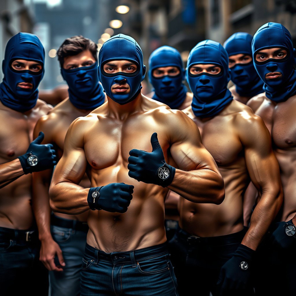 A striking group of shirtless men, all wearing blue balaclavas and stylish gloves, showcasing varying physiques and expressions of strength and teamwork