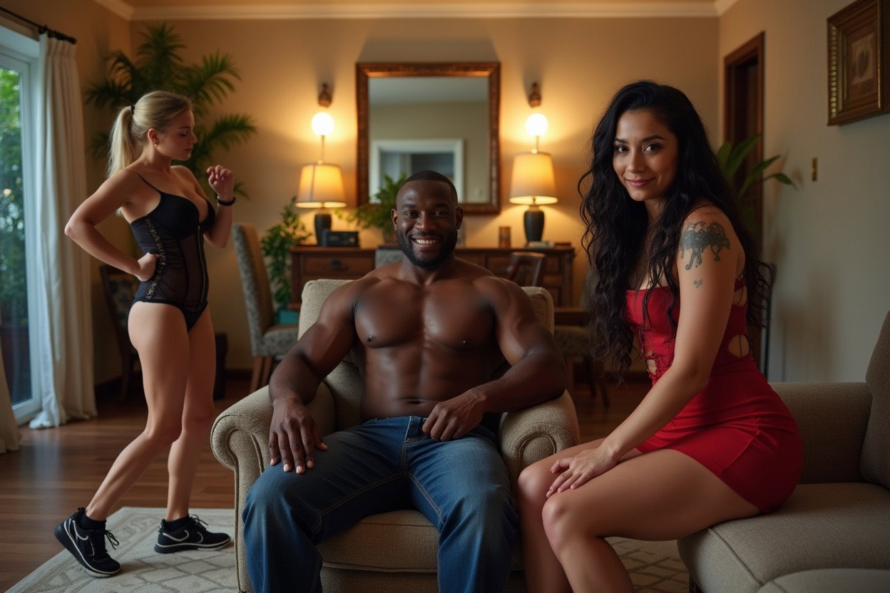 A muscular black man sitting comfortably in an armchair in a spacious living room of a large house