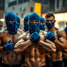 A striking group of shirtless men, all wearing blue balaclavas and stylish gloves, showcasing varying physiques and expressions of strength and teamwork