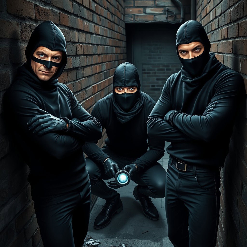 A trio of male thieves with captivating blue eyes, each wearing fitted black balaclavas and sleek gloves