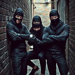 A trio of male thieves with captivating blue eyes, each wearing fitted black balaclavas and sleek gloves