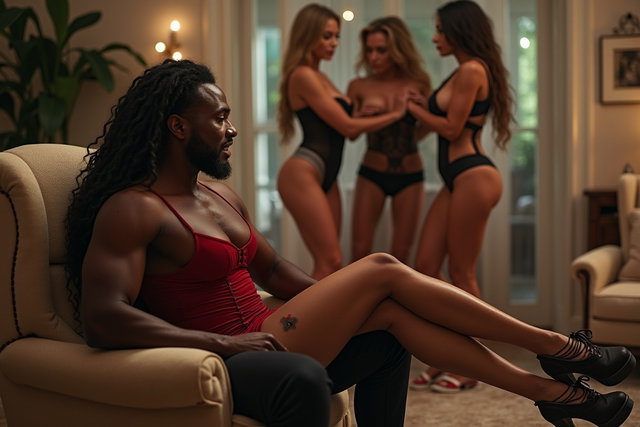 A muscular black man seated on a plush chair in a spacious living room, watching two women perform a lap dance for him
