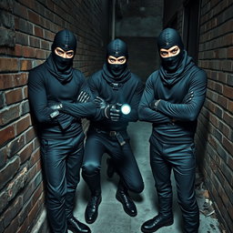 A trio of male thieves with captivating blue eyes, each wearing fitted black balaclavas and sleek gloves