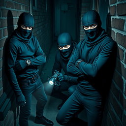 A trio of male thieves with captivating blue eyes, each wearing fitted black balaclavas and sleek gloves