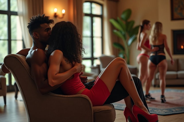 A muscular black man sitting on a plush chair in a spacious living room of a large house, enjoying the view as two women perform lap dances for him