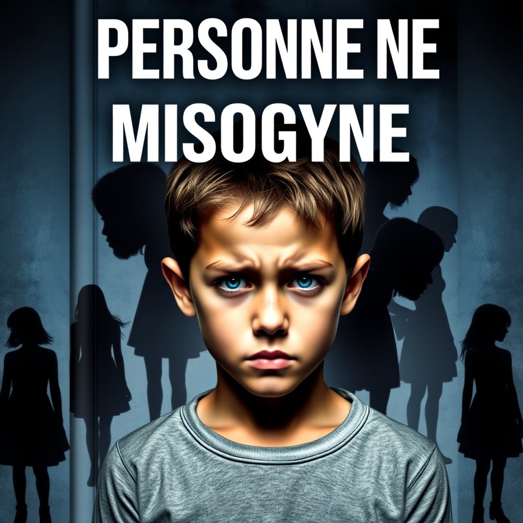A book cover for the title 'PERSONNE NE NAIT MISOGYNE', featuring a young boy with an expression of betrayal and resentment