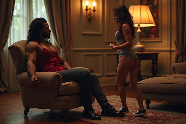 A muscular black man sitting comfortably in an armchair in a spacious living room of a grand house, while in front of him, two women are performing a sexy lap dance