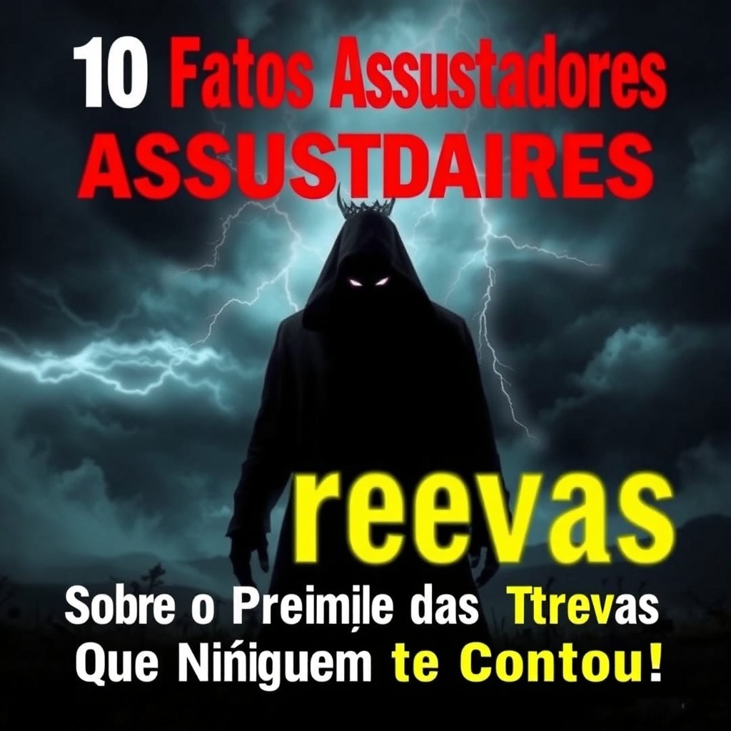 An eye-catching YouTube thumbnail designed for a video titled '10 Fatos Assustadores Sobre o Príncipe das Trevas Que Ninguem Te Contou!' The background features a dark, ominous landscape with swirling storm clouds and a hint of eerie mist, setting a spooky tone