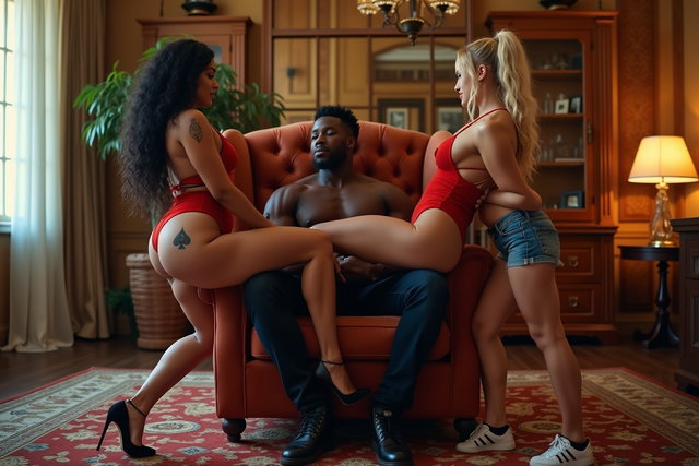 A muscular black man sitting in a plush armchair in a spacious living room of a large house, as two women are performing sexy lap dances very close to him