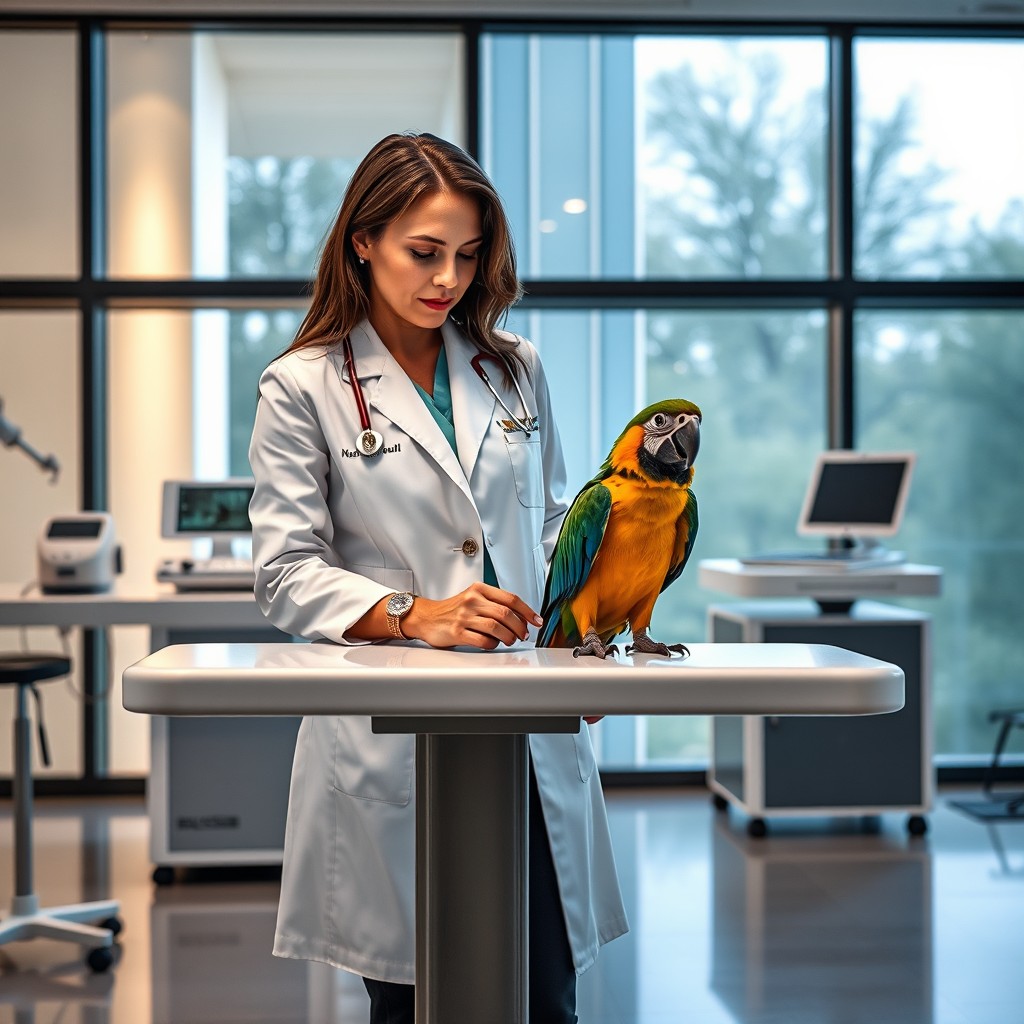 A wealthy female veterinarian in a luxury animal clinic, wearing a tailored white coat with a golden name tag, intently examining a vibrant exotic parrot perched on a sleek examination table