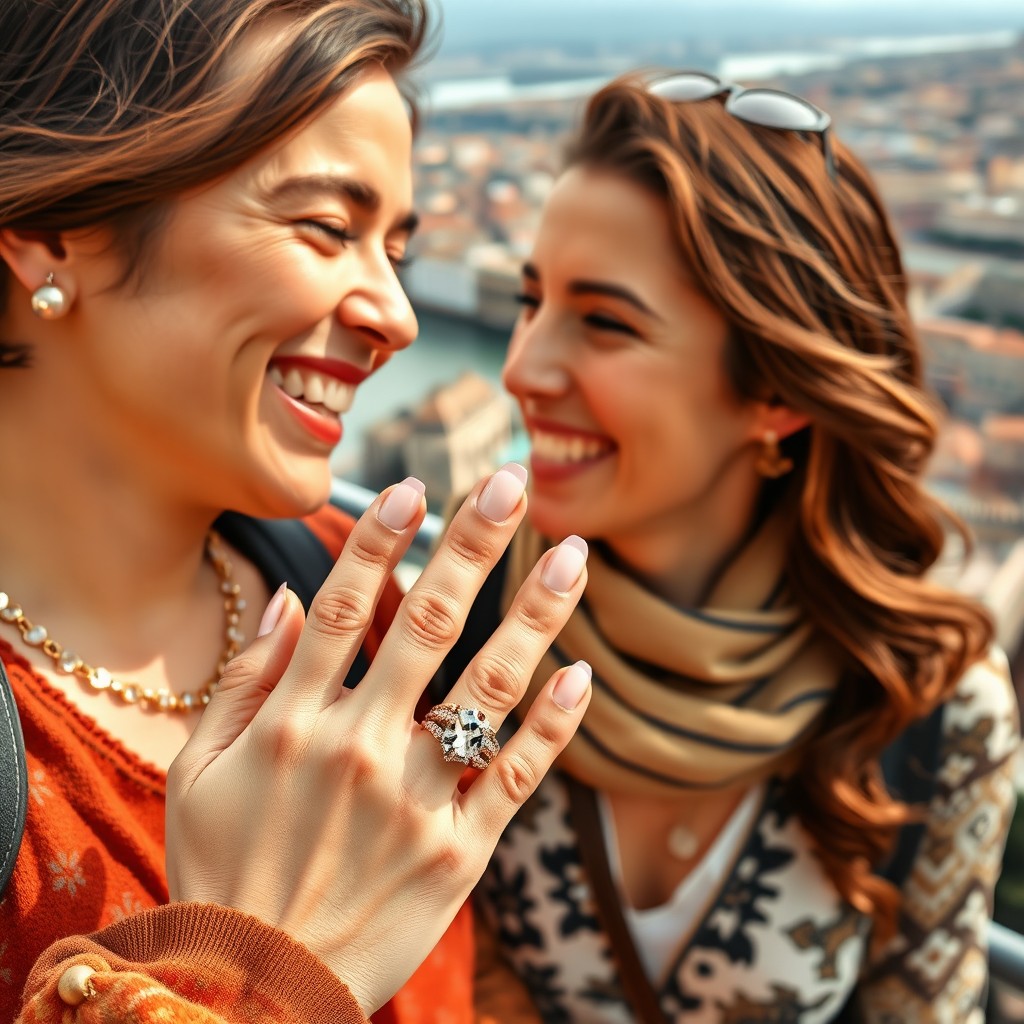 A joyful woman with beautifully manicured nails showcasing exquisite jewelry, radiating happiness as she enjoys a moment with her charming husband