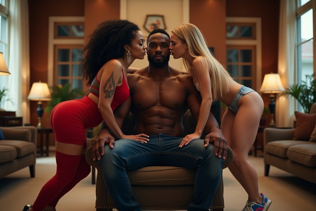 A muscular black man sitting in a comfortable chair in a spacious living room of a large house, as two women perform sexy lap dances very close to him