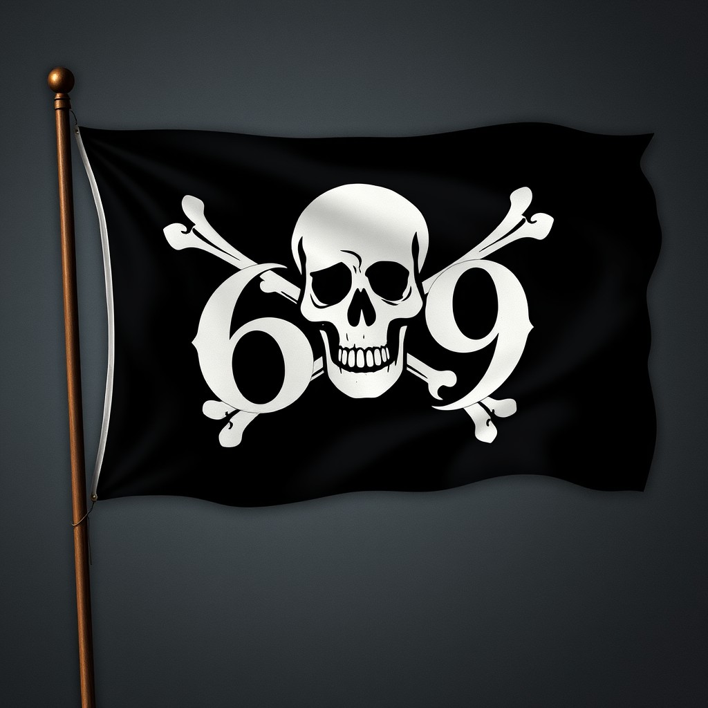 A pirate flag design featuring the number '69' prominently displayed