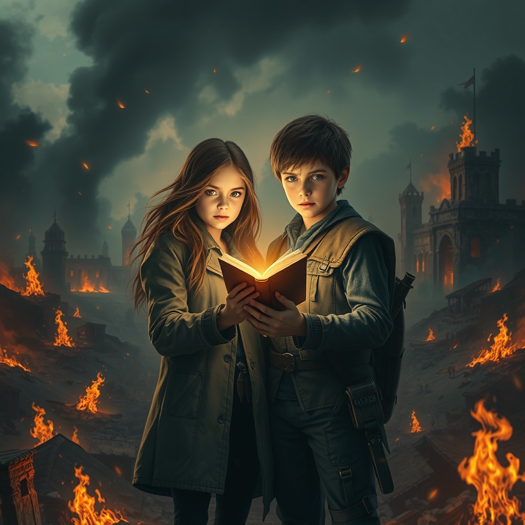 A dystopian landscape showcasing a ruined country engulfed in flames, with towering, crumbling buildings and smoke billowing into the darkened sky
