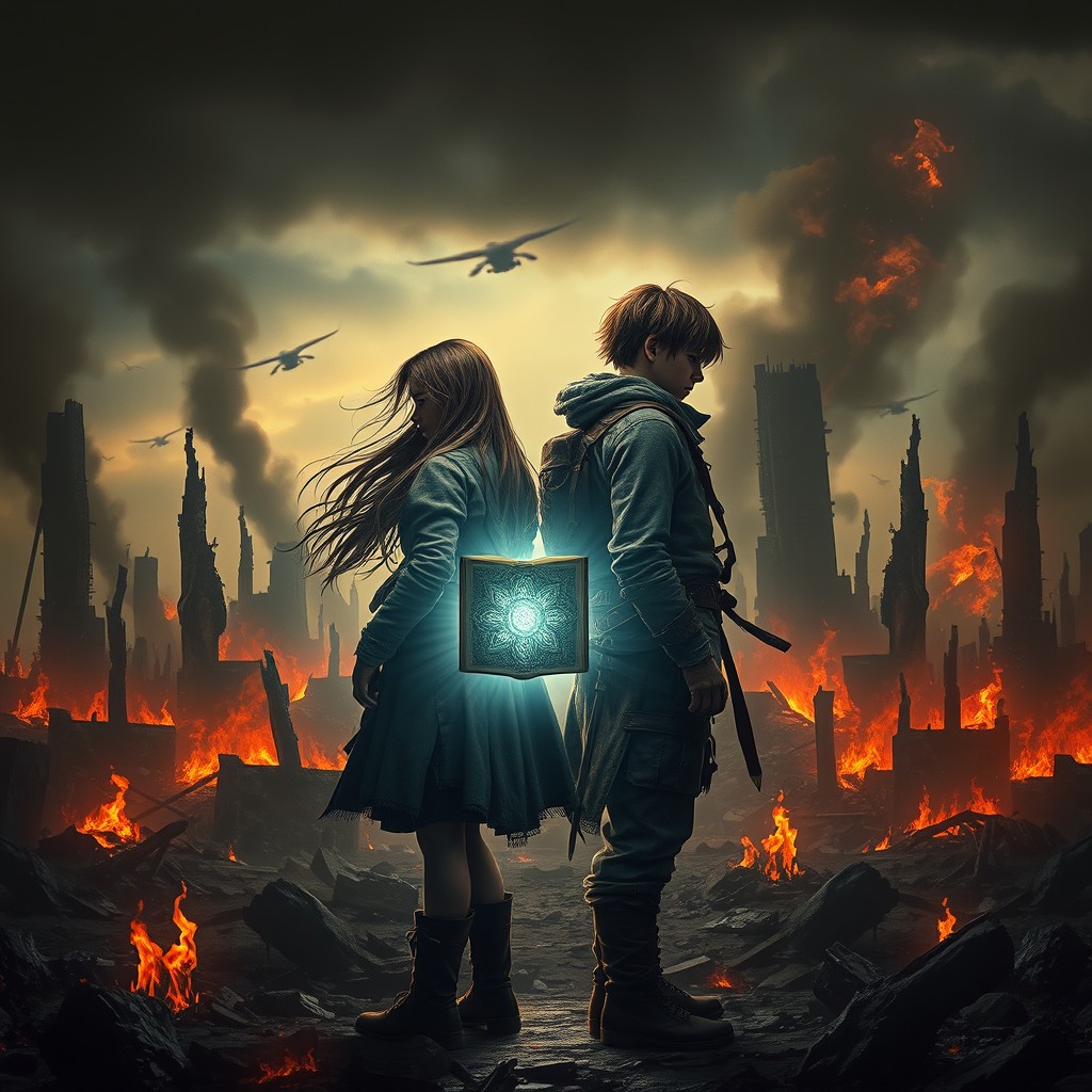 A dramatic dystopian landscape depicting a devastated country in flames, with remnants of tall, crumbling buildings and dark smoke swirls filling the air