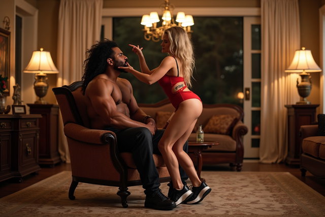 A muscular black man seated in an elegant armchair in a spacious living room of a large house, as two women engage in a very sensual lap dance right in front of him