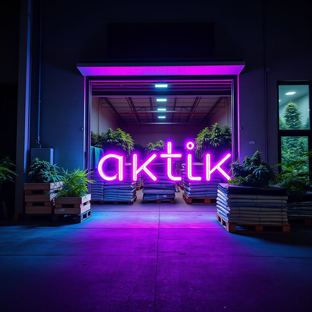 A modern industrial warehouse building with an open door revealing pallets stacked with lush marihuana plants and neatly packed hashish