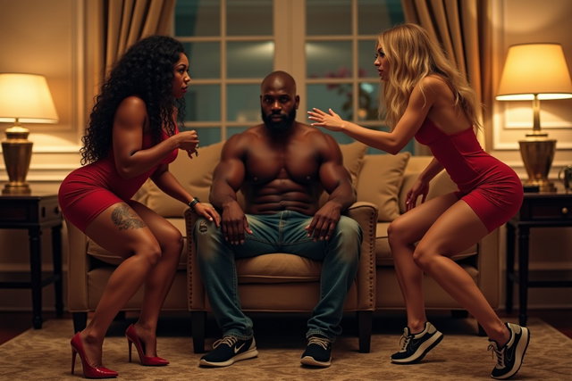 A muscular black man sitting in a comfortable armchair in the luxurious living room of a large house, watching as two women engage in a heated debate and tussle over him