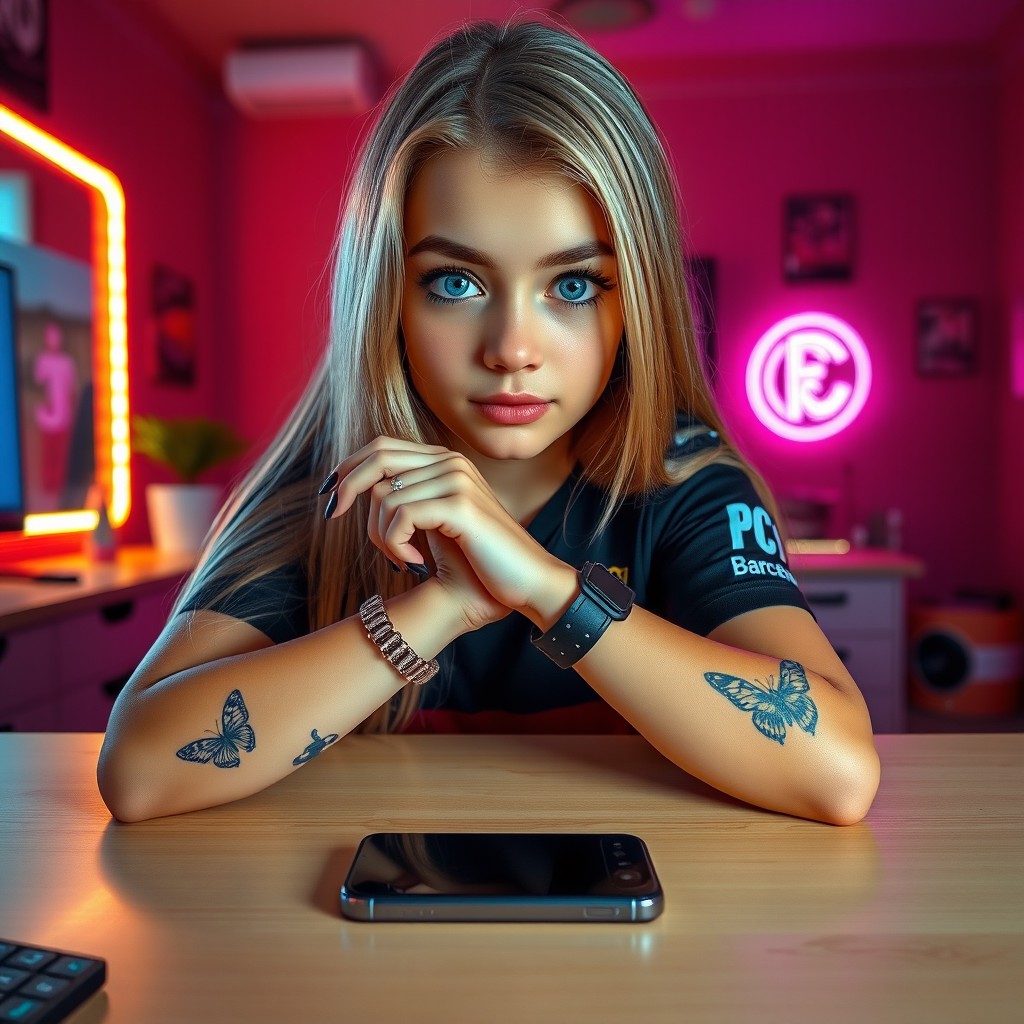 A beautiful 15-year-old girl with striking bright blue eyes and long blonde hair, sitting in front of a desk while recording a video for TikTok