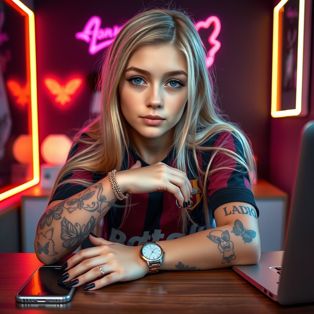 A beautiful 16-year-old girl with long blonde hair and light blue eyes, sitting at a desk facing the camera as if making a Tik Tok video