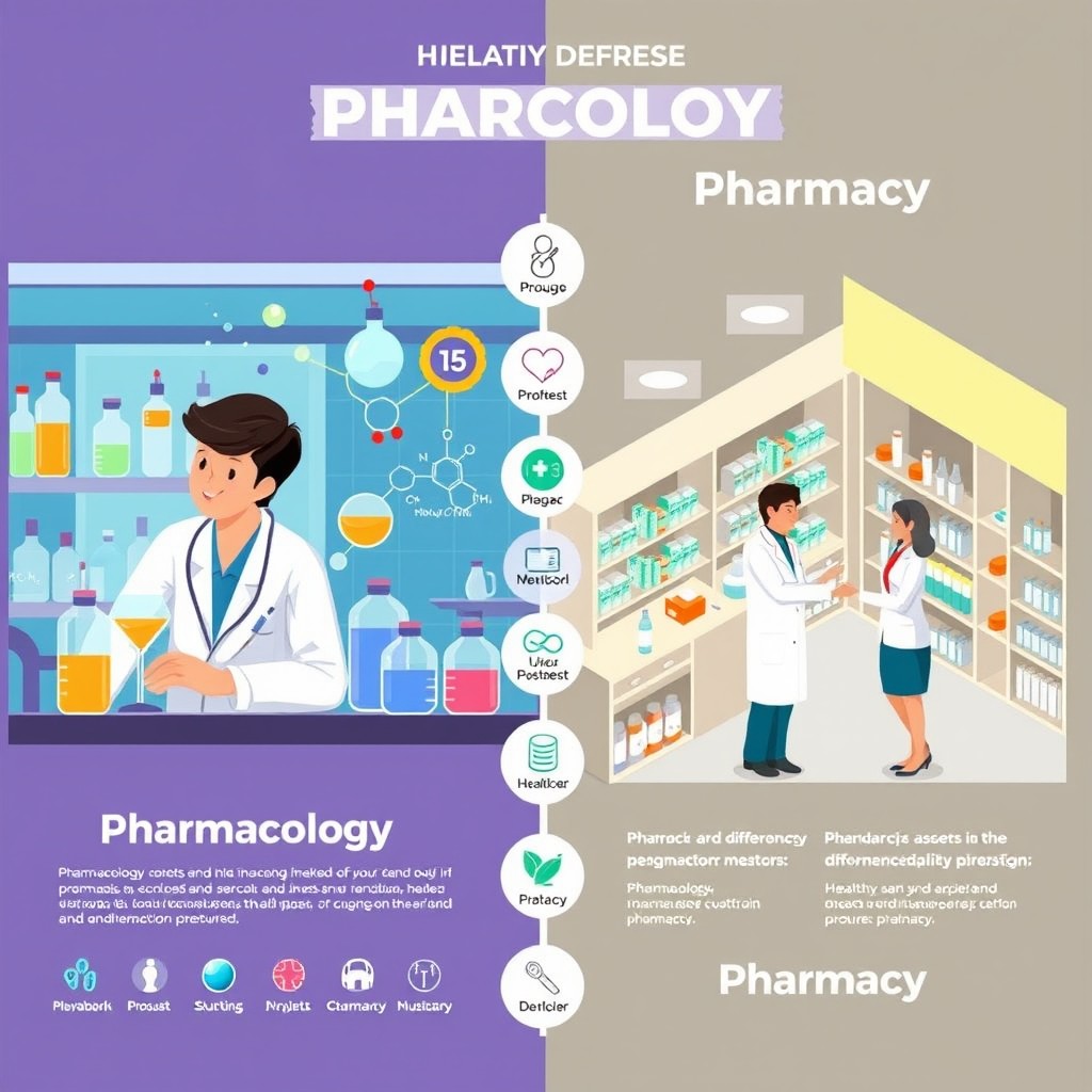 A detailed infographic illustrating the differences between pharmacology and pharmacy